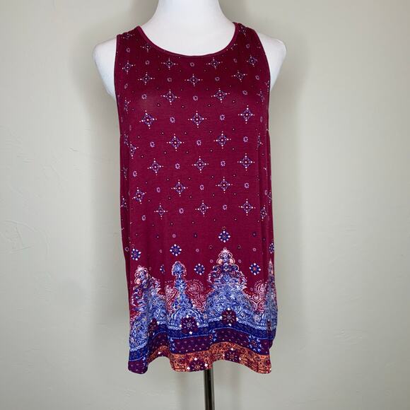 NWT Flowy Tank Top Sz Large Burgundy Blue Orange Medallion - Picture 1 of 10